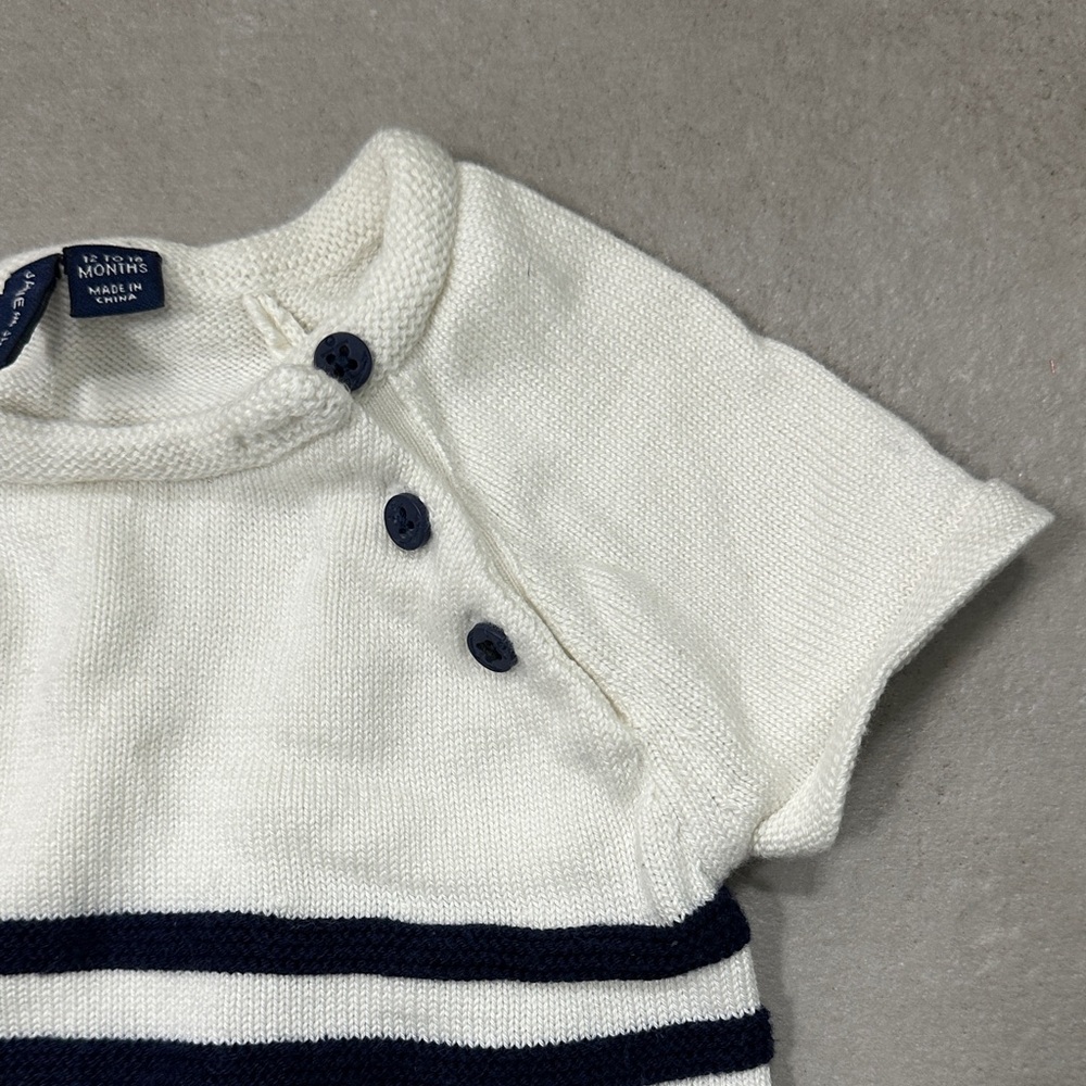 Janie and Jack White Striped Knit Romper with Navy Buttons - Picture 3 of 16